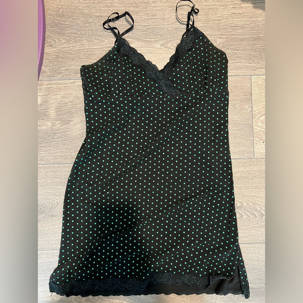 Camisole tank top black with green polka dots lace detail punk goth alt